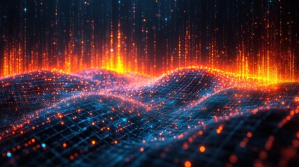 Fototapeta premium Abstract digital landscape with glowing data points and waves.