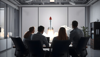 Team watching rocket launch in office isolated with white highlights, png