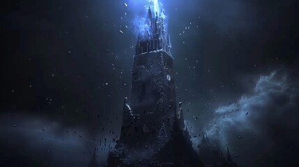 A tall, stone tower with a spire reaches for the sky, illuminated by a bright blue light.