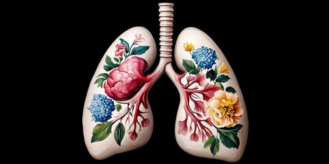 An artistic representation of lungs, adorned with vibrant floral designs, symbolizing the connection between health and nature.