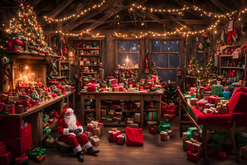 Obraz premium Santas workshop with toys presents and glowing lights all around, AI Generated