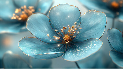 3D rendering of elegant teal and gold flowers, Dreamy Icy Forest Anemones with Teal and Gold Flowers.
