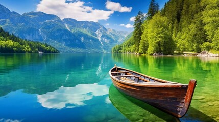 A serene lake scene featuring a wooden boat surrounded by lush greenery and mountains.