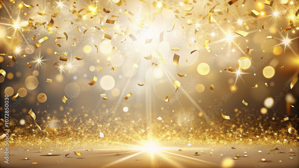 Aufkleber Golden Confetti Falling on a Sparkling Background with a Bright Spot of Light in the Center