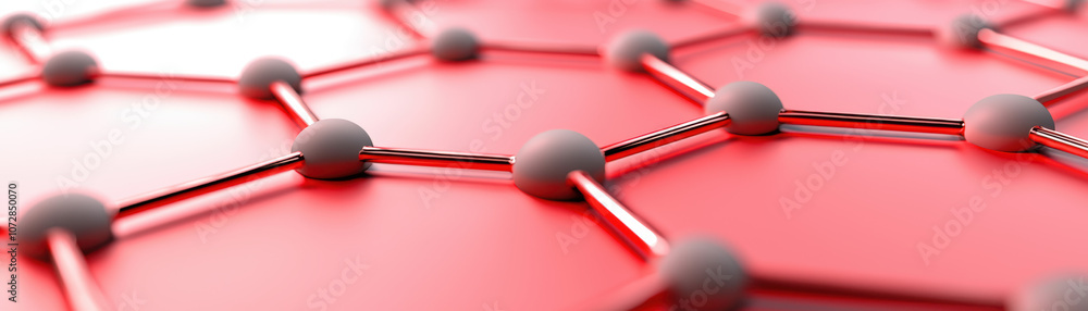 Poster a close-up view of a red, interconnected molecular structure, showcasing nodes and bonds typical of 