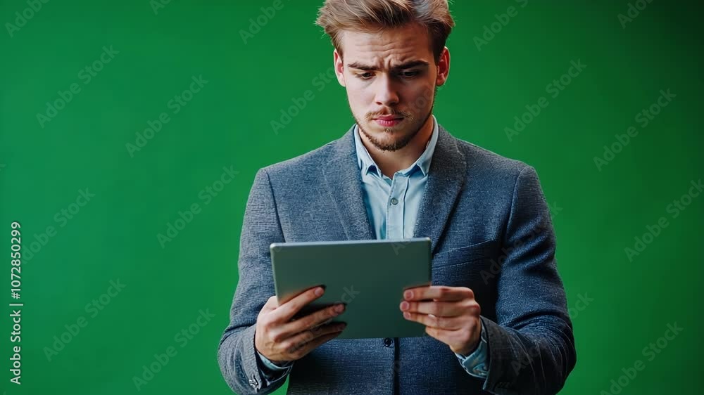 Poster young businessman holds a digital tablet featuring a green screen. browsing and scrolling on the dev