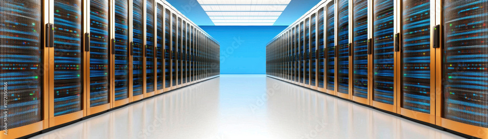 Poster a modern data center corridor lined with rows of servers, illuminated by bright overhead lights, exu