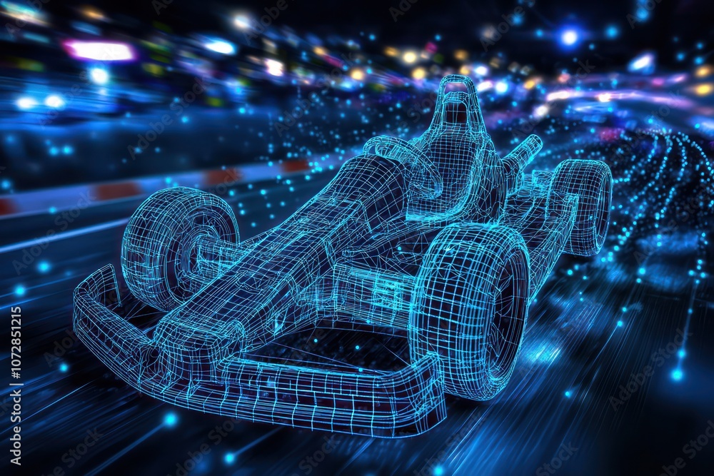 Poster digital visualization of a high-definition wireframe go-kart on a high-tech vr track.