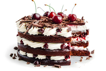 Classic Black Forest cake with cherry, whipped cream, and chocolate shavings isolated on white