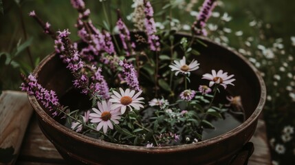 Fototapeta premium A wooden bowl filled with water and various wildflowers, including purple and white blossoms.