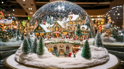 Fototapeta premium Enchanting Christmas Snow Globe Featuring a Festively Decorated Village Scene with Snow, Trees, and Holiday Characters Captured in a Beautiful Display