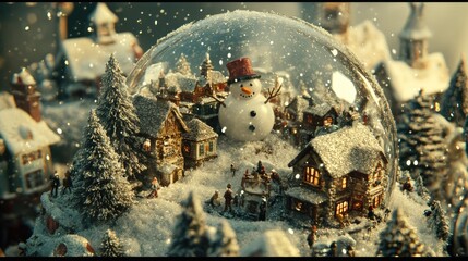 Enchanting Winter Wonderland in Snow Globe Capturing Joyful Snowman Surrounded by Charming Village Houses and Festive Atmosphere during Holiday Season