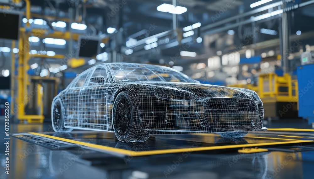 Poster hyper-realistic factory showcases advanced digital wireframe car model.