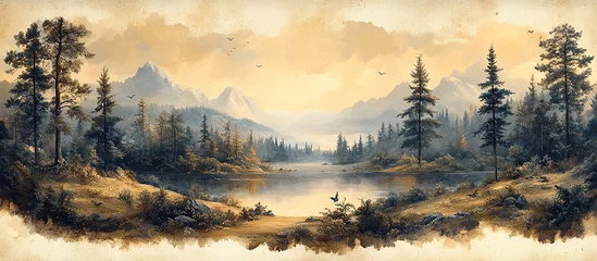 Mural wallpaper, a richly  botanical landscape illustration, a lush garden and serene forest landscape with majestic rock formations.
