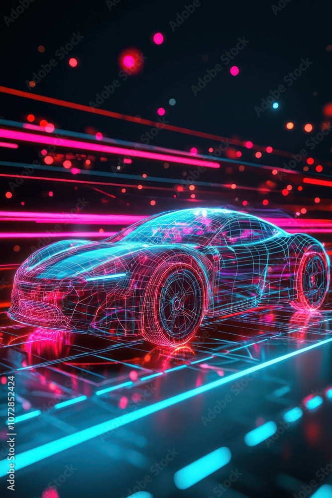 Poster generative ai techniques create a holographic representation of an electric vehicle.