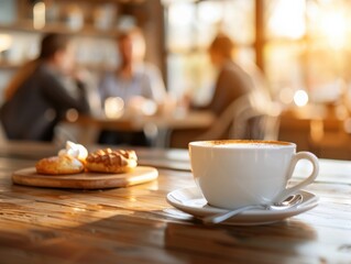Warm coffee cup with pastries in a cozy cafe.