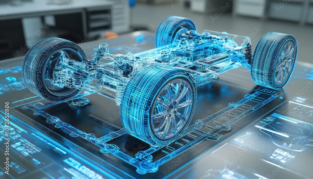 Poster interactive 3d wireframe display of a car's suspension system within an educational toolkit.