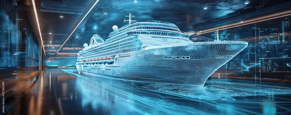 Poster wireframe luxury cruise liner displayed in a virtual marine setting for interactive exploration.