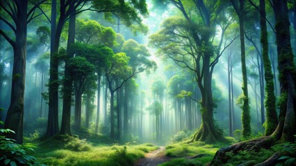 Obraz premium A pathway through an ethereal forest, bathed in sunlight filtering through the dense canopy, creating an otherworldly atmosphere.