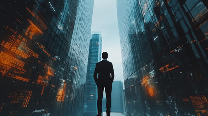 Abstract business man stands on the peak of success amid tall, innovative Smart city and graphs with statistics to analyze business potential and predict future developments in company growth.
