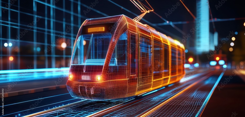 Poster city tram modeled in interactive wireframe displayed in a virtual reality urban transit system.