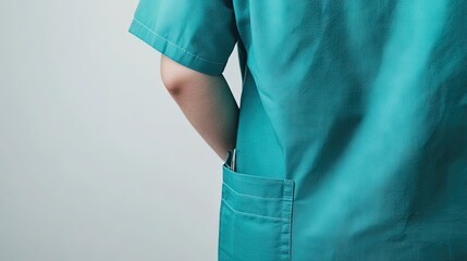 Medical Professional in Scrubs with Hands Behind Back, Standing Against a Light Background, Focus on Healthcare, Nursing, and Medical Practice