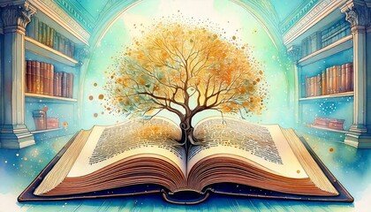 知識、木、本、図書館、ファンタジー、スピリチュアル、魔法、学び、成長、叡智、自然、インスピレーション、教育、夢、幻想的、エネルギー、アート、神秘的、物語、書物