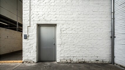 A dramatic white brick wall with a modern metal door, industrial, building