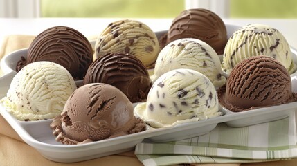 Fototapeta premium Assortment of chocolate, vanilla, and chocolate chip ice cream scoops in a white tray on a checkered cloth.