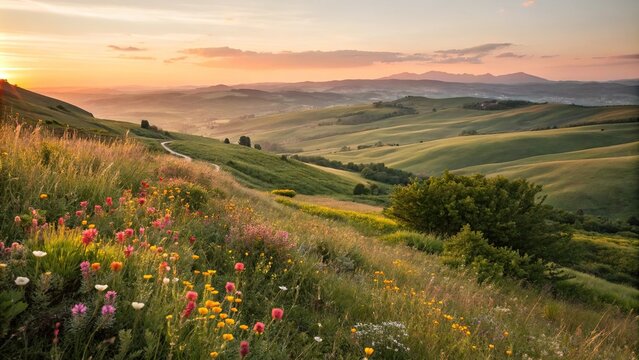 a dreamy blurred landscape of rolling hills and colorful wildflowers at sunset, hill, clouds, meadow, blur, scenic