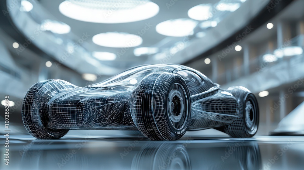 Poster futuristic wireframe car model moving and displaying intricate design.