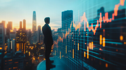 Fototapeta premium Abstract business man stands on the peak of success amid tall, innovative Smart city and graphs with statistics to analyze business potential and predict future developments in company growth.