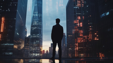 Abstract business man stands on the peak of success amid tall, innovative Smart city and graphs with statistics to analyze business potential and predict future developments in company growth.