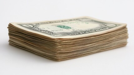 Close-Up Image of a Neatly Stacked Pile of One Dollar Bills on a Clean White Background for Financial Themes and Stock Photography Use