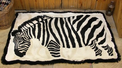 Black and white zebra rug on a wooden floor.