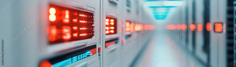 Poster a futuristic data center corridor featuring illuminated racks and blinking lights, showcasing advanc