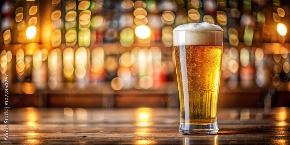 Poster A Glass of Refreshing Beer on a Bar Counter with a Blurred Background of Bottles and Lights