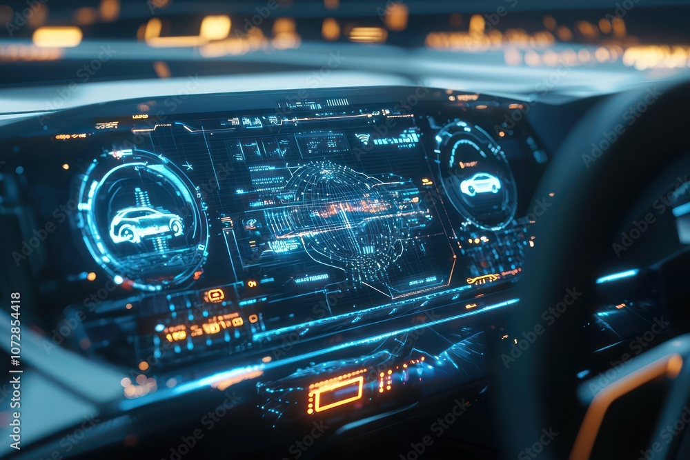 Poster electric vehicle dashboard revolutionized through a holographic display emphasizing future solutions