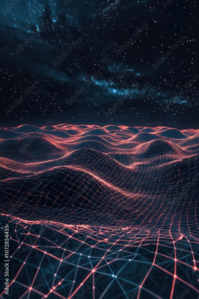 Aufkleber 3d sci-fi landscape featuring wireframe terrain and cosmic elements with particles.