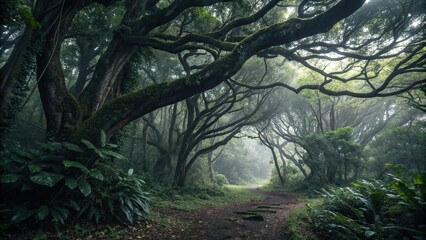 Obraz premium Dark forest with twisted tree branches covered in thick exotic leaves, jungle foliage, moss, leafy greens, shadowy trees, vines