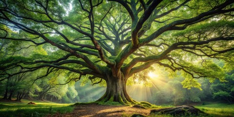A majestic old tree, its branches reaching towards the sky, bathed in the warm glow of the morning sun, casting long shadows on the verdant forest floor