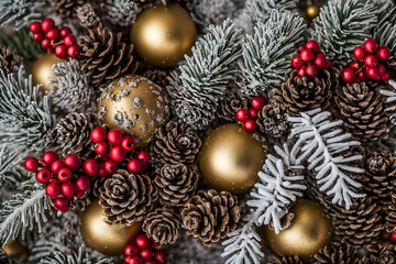 Snow dusted holly berries and pinecones arranged with golden ornaments, Ai Generated 