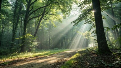 Obraz premium Rays of Sunlight Filtering Through Leaves, dappled shade, leaves, greenery, foliage, nature's beauty