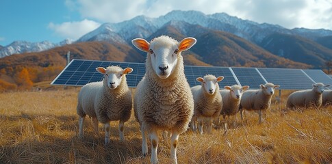 Sheep in Front of Photovoltaic Panels on a Meadow Near the Omi Mountain Range – Green Energy Concept

