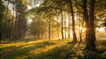 The last rays of sunlight filter through the trees as a serene forest glade is bathed in a warm golden light, vast landscape, time of day