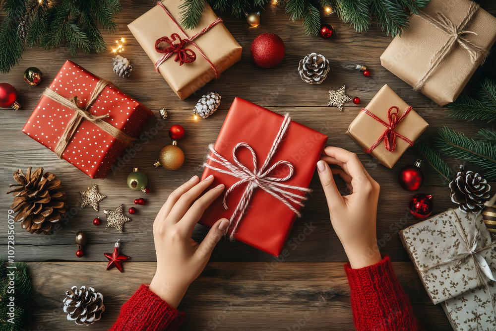 Poster person is wrapping a red present with a bow on a wooden table. the table is covered with various chr