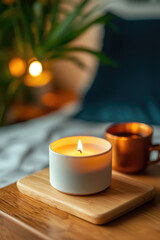 A serene scene featuring a lit candle on a wooden surface, with a cozy atmosphere enhanced by warm lighting and a plant background.