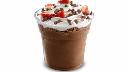 Close-up of a chocolate milkshake with whipped cream, chocolate chips, and strawberries.
