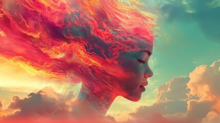 A surreal representation of a woman's profile with vibrant clouds and colors