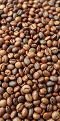 A close-up shot of a pile of various shades of coffee beans, pile, selection, drink
